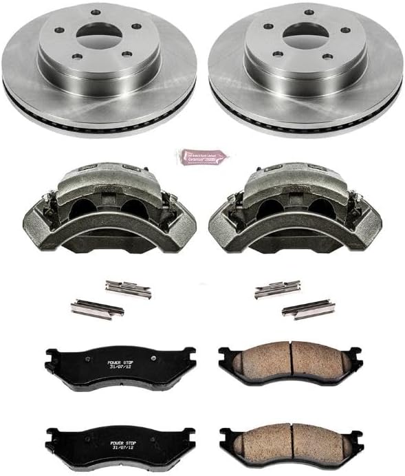 PowerStop Front Brake & Caliper Kit for Dodge Ram 1500 2002 - Ceramic Brake Pads + Calipers + Disc Rotors Replacement, KCOE2165