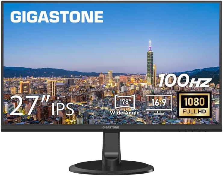 Gigastone 27 inch IPS LED Back Light Monitor 100Hz FHD 1920 x 1080,178°WideView,Frameless, Dual Monitor, MPRT 1ms, Built-in Speakers, Eye Care Technology, Ergonomic Tilt VESA Mount, HDMI VGA