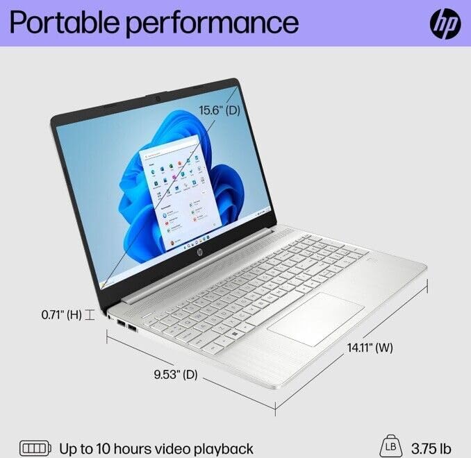 HP 15.6' FHD Laptop, Intel Core i3-1215U, 8GB RAM, 256GB SSD, Silver, Windows 11 Home, 15-dy5131wm (Renewed)