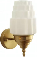 Art Deco Brushed Nickel Wall Sconce White Tiered Fluted Glass Shade 3-Color Adjustable Bulb Included Up and Down Mountable Vanity Light Fixture for Bathroom Bedroom Living Room Hallway Decor(Gold)
