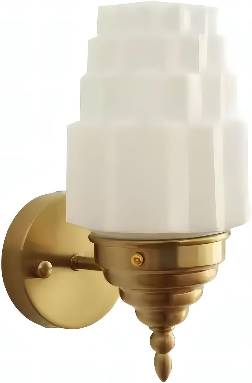 Art Deco Brushed Nickel Wall Sconce White Tiered Fluted Glass Shade 3-Color Adjustable Bulb Included Up and Down Mountable Vanity Light Fixture for Bathroom Bedroom Living Room Hallway Decor(Gold)