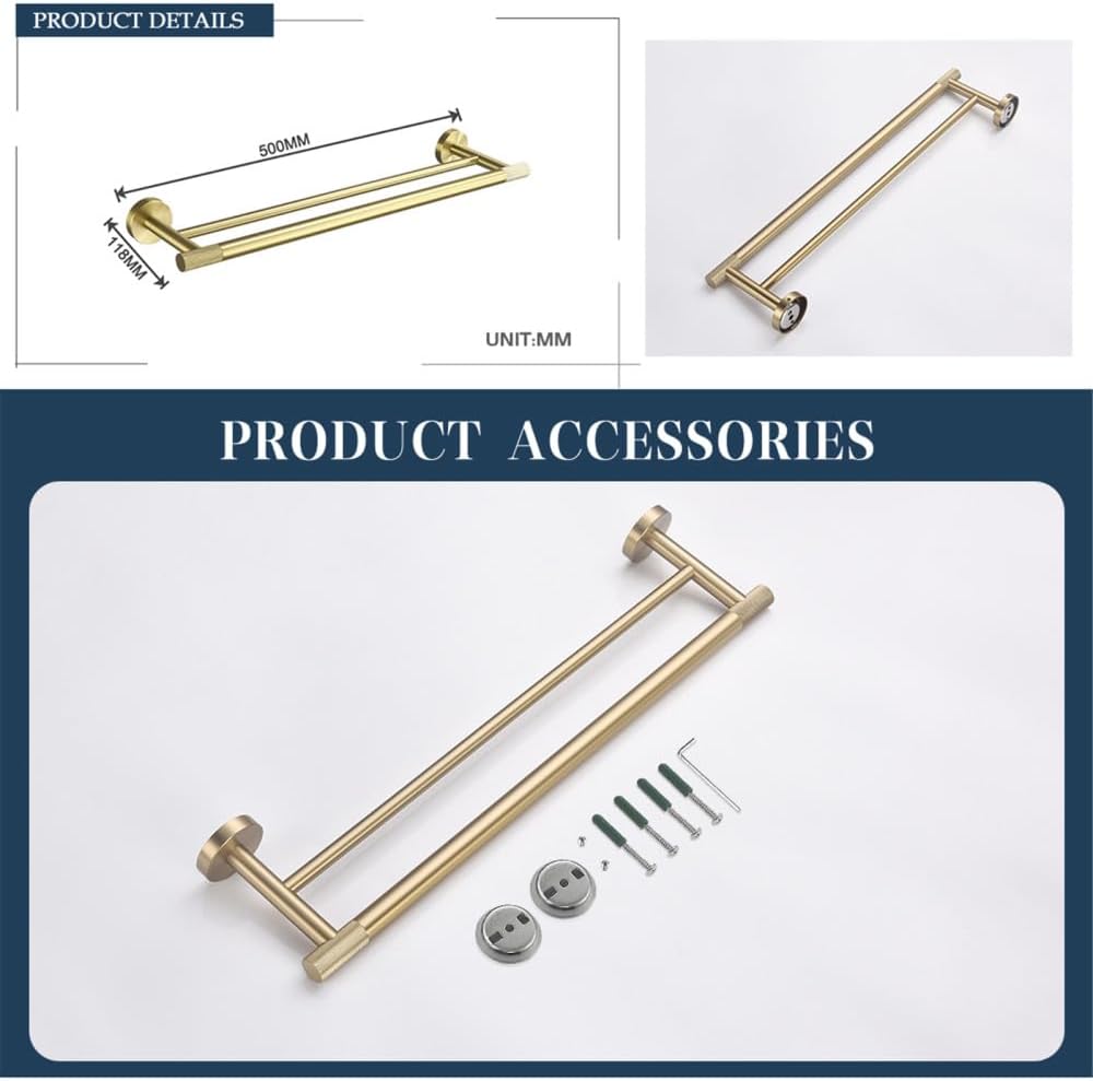 Brushed Gold Brass Bathroom Accessories Set - Hand Towel Bar, Double Towel Rack, Toilet Paper Holder, Robe Hook - Elegant Wall-Mounted Fixtures for Contemporary Home Decor