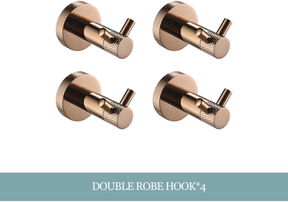 Rose Gold Stainless Steel Wall-Mounted Robe Hooks Toilet Paper Holder Towel Bar Rack Towel Ring Bathroom WC Accessories Sets,4 PCS Double Hooks