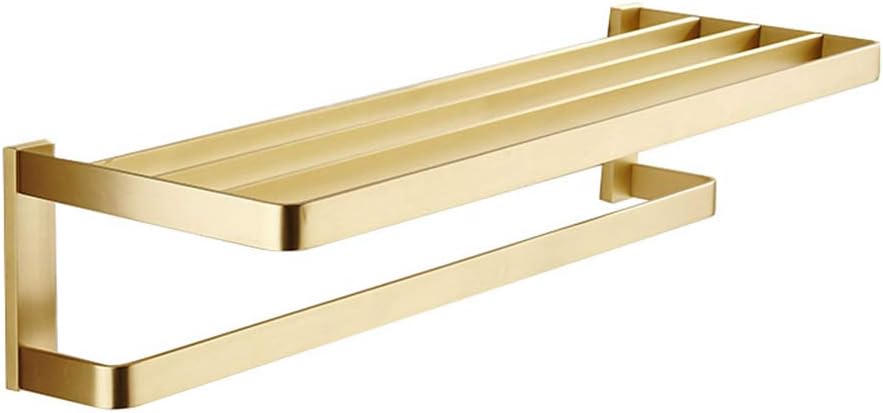 Towel Rack Wall Mounted Brass Made Brushed Gold Finish Towel Double Shelf with Towel Rail Storage Holder for Hotel Bathroom Home