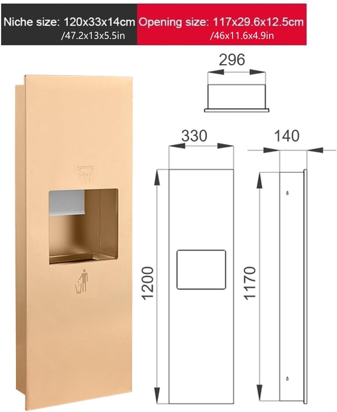 Recessed Convertible Paper Towel Dispenser/Waste Receptacle Combination Unit, Satin Stainless Steel for Hotel Public Bathroom Kitchen, Silver(Gold,33x120x14CM)
