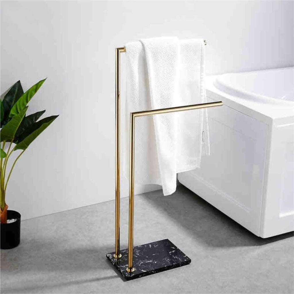 Standing Towel Racks 2 Tier Standing Towel Rack With Marble Base Brass Double Bar Towel Stand Towel Holder For Bathroom Laundry Room for Bathroom Floor ( Color : Gold+Black , Size : 40*20*81cm )