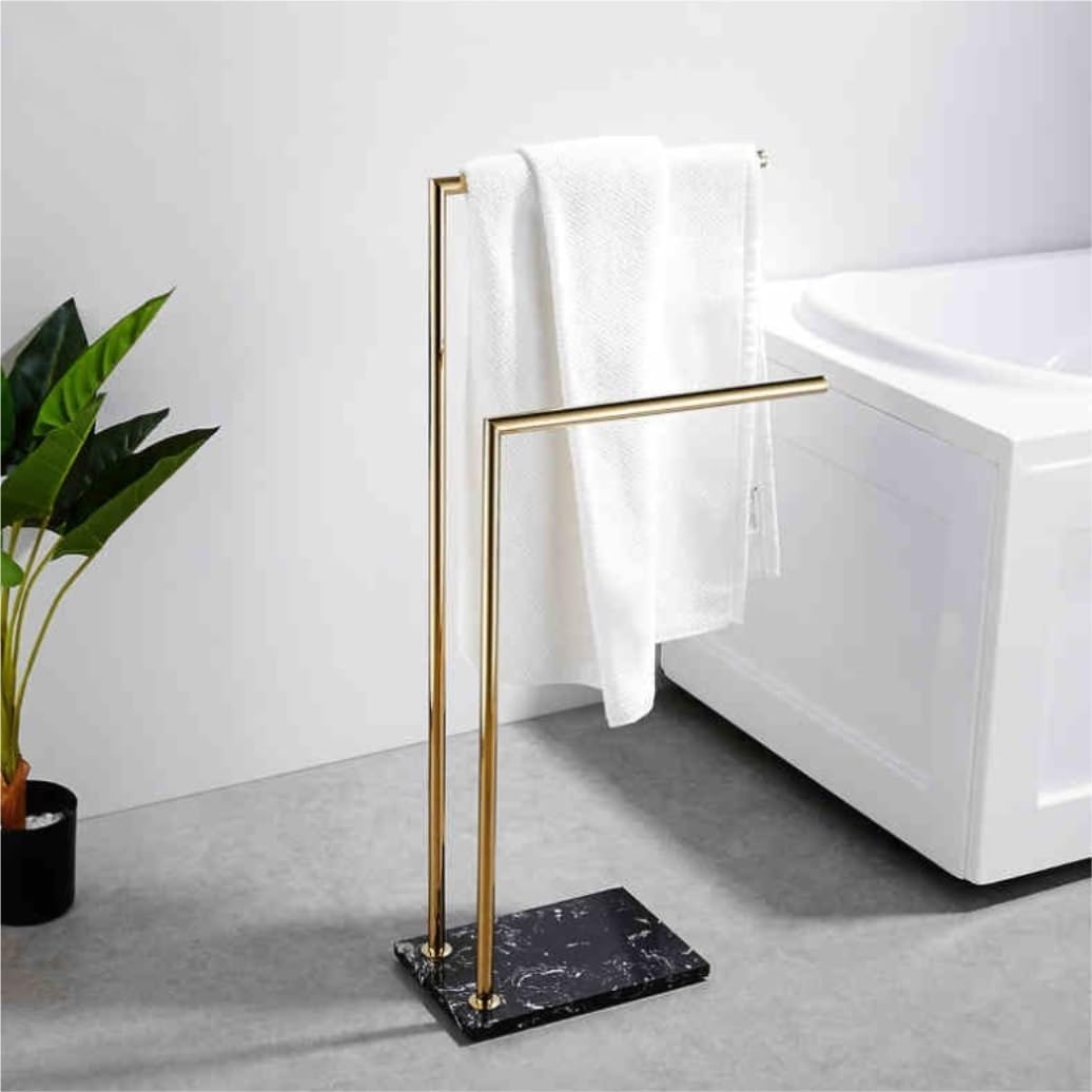 Floor Towel Rack 2 Tier Standing Towel Rack with Marble Base Brass Double Bar Towel Stand Towel Holder for Bathroom Laundry Room Freestanding Towel Racks(Gold+Black)