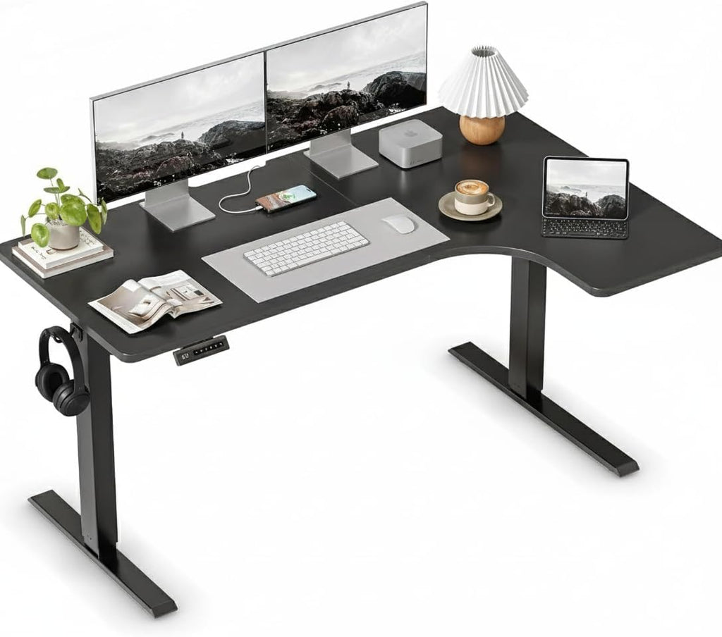 FEZIBO 55×32 inch L Shaped Electric Corner Standing Desk, 4 Memory Height Settings,Home Office & Computer Height Adjustable Table, Ergonomic Sit and Stand Up Workstation with Splice Board,Black Top