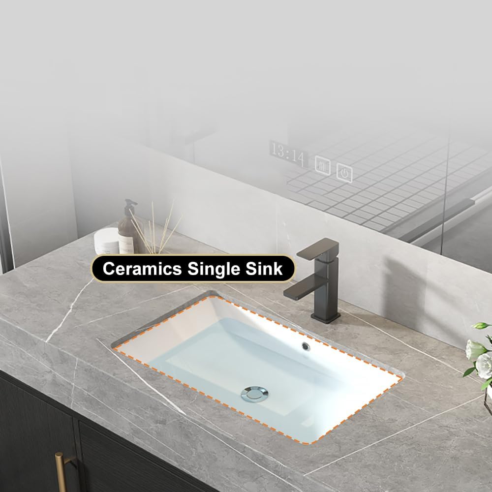 Floating Bathroom Vanity with Sink, 39.5 Inch Modern Bathroom Vanity Cabinet with Sintered Stone Top, Ceramic Undermount Sink, 2 Drawers, Black (Wall Mounted, Gold Handle)