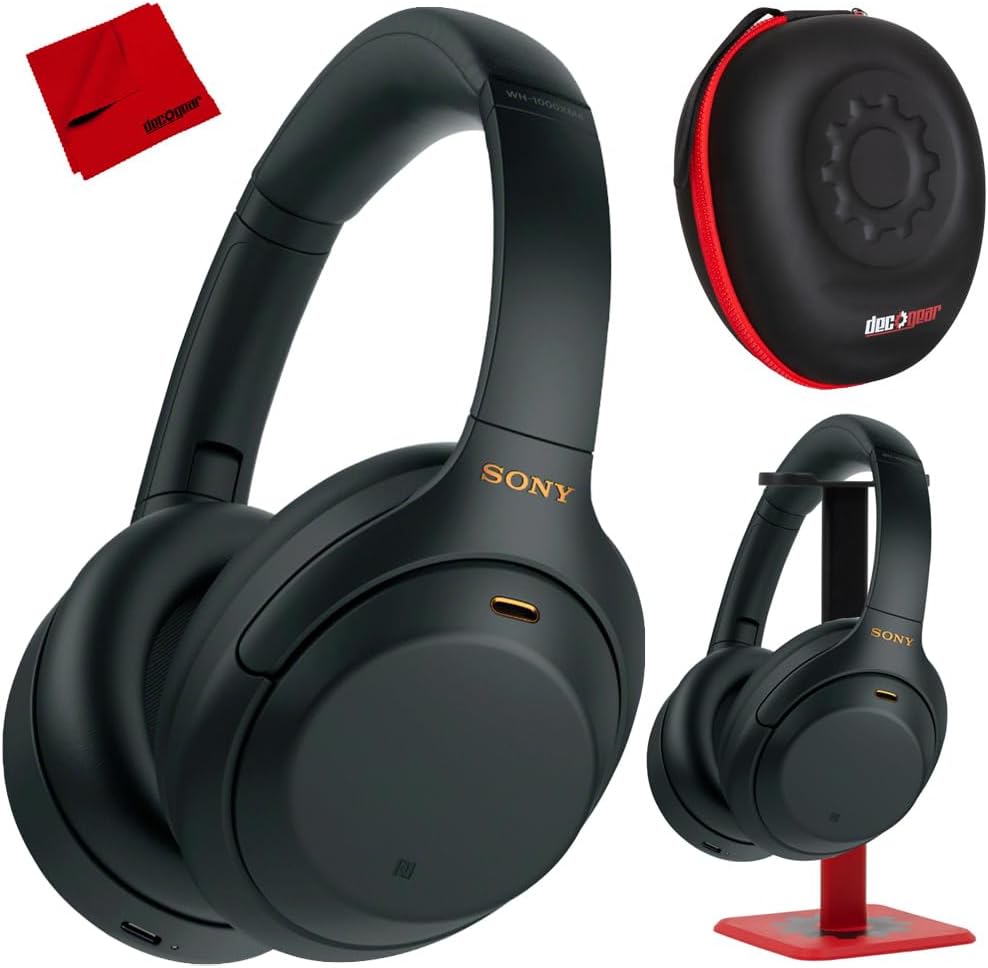 Sony WH1000XM4/B Premium Noise Cancelling Wireless Over-The-Ear Headphones with Built in Microphone Black Bundle with Deco Gear Hard Case + Pro Audio Headphone Stand + Microfiber Cleaning Cloth