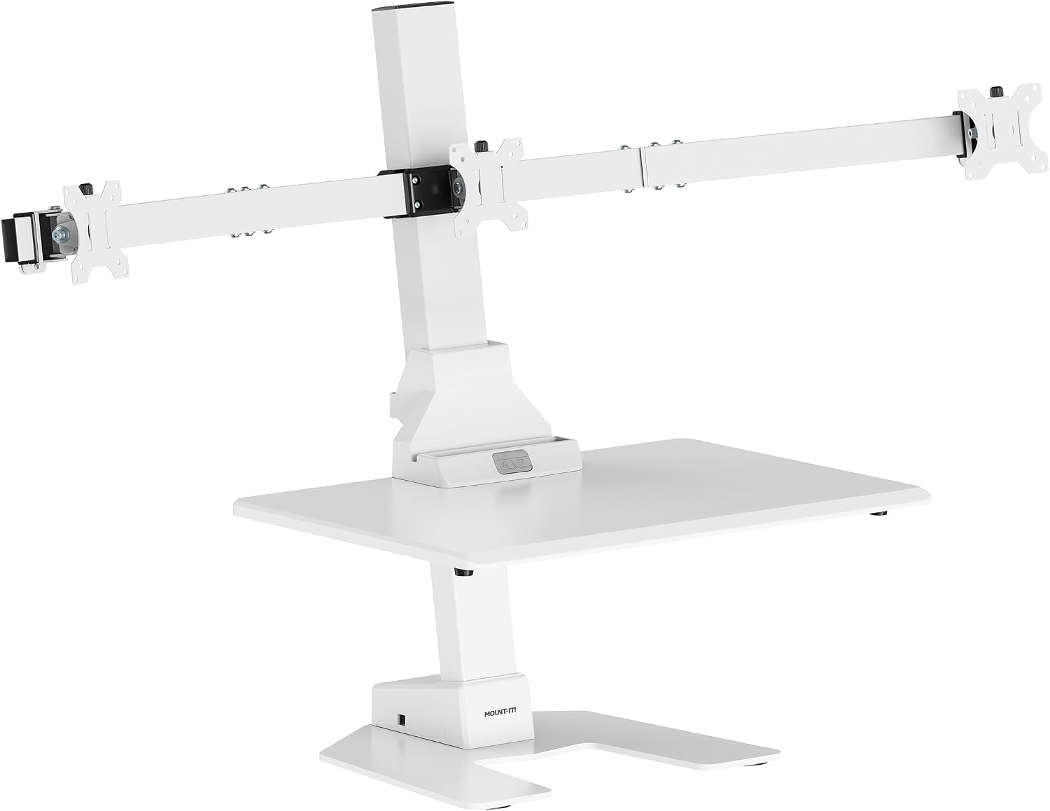 Mount-It! Triple Monitor Electric Standing Desk Converter - 3 Monitor Standing Desk is Height Adjustable, Sit-Stand Converting Desk for Home, Office Monitor Mounts Fits Screens up to 32' White