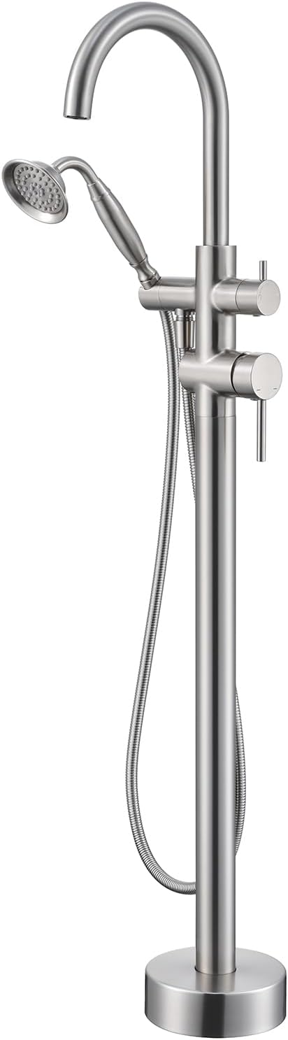 Wowkk Tub Filler Freestanding Bathtub Faucet Brushed Nickel Floor Mounted Brass Bathroom Tub Faucets with Hand Shower
