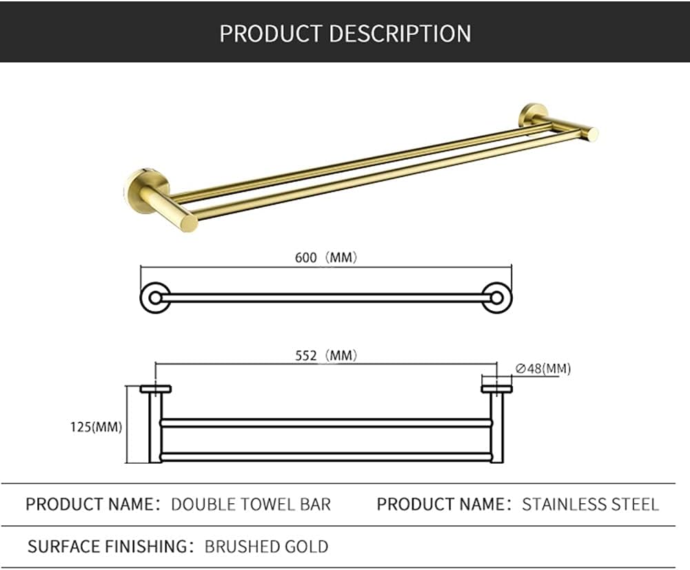 LSLYTQ Towel Rail Rack Brushed Gold Towel Racks, Fashion Gold Color Wall Mounted Double Bar 304 Stainless Steel Bathroom Accessories for Bathroom Kitchen