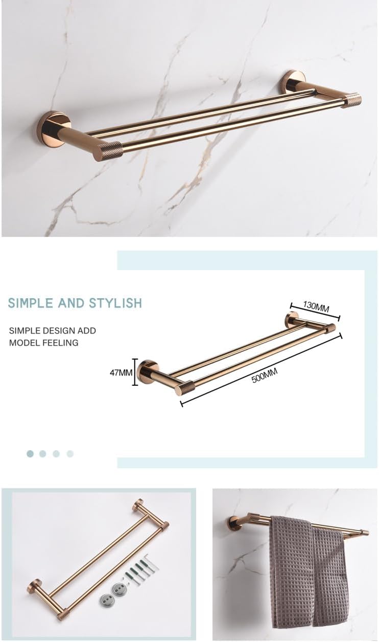 Rose Gold Stainless Steel Wall-Mounted Robe Hooks Toilet Paper Holder Towel Bar Rack Towel Ring Bathroom WC Accessories Sets,Double Towel Bar