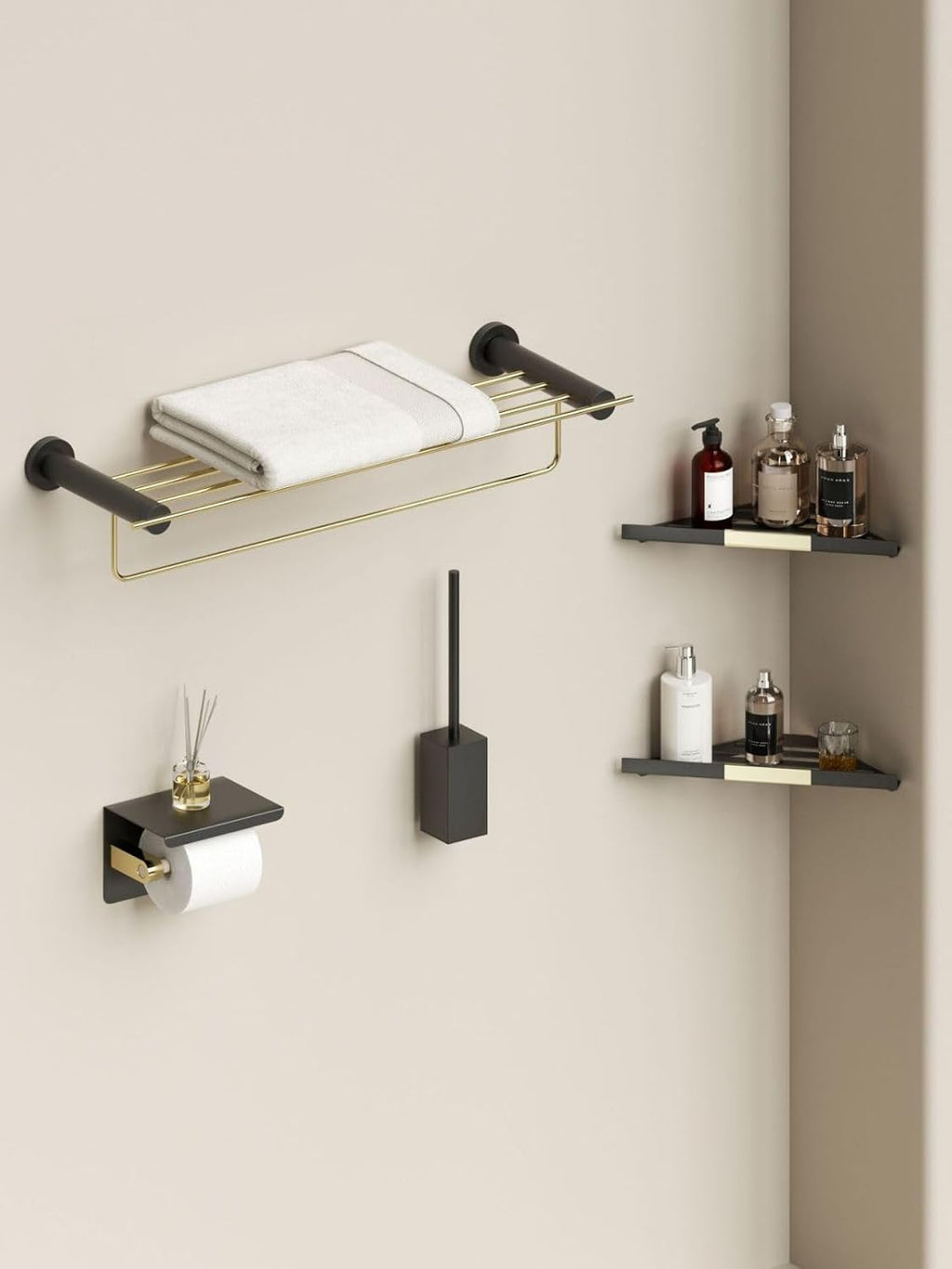 Towel Rack, White Gold Towel Rack, Bathroom Shelf, Black Gold 5-Piece Set