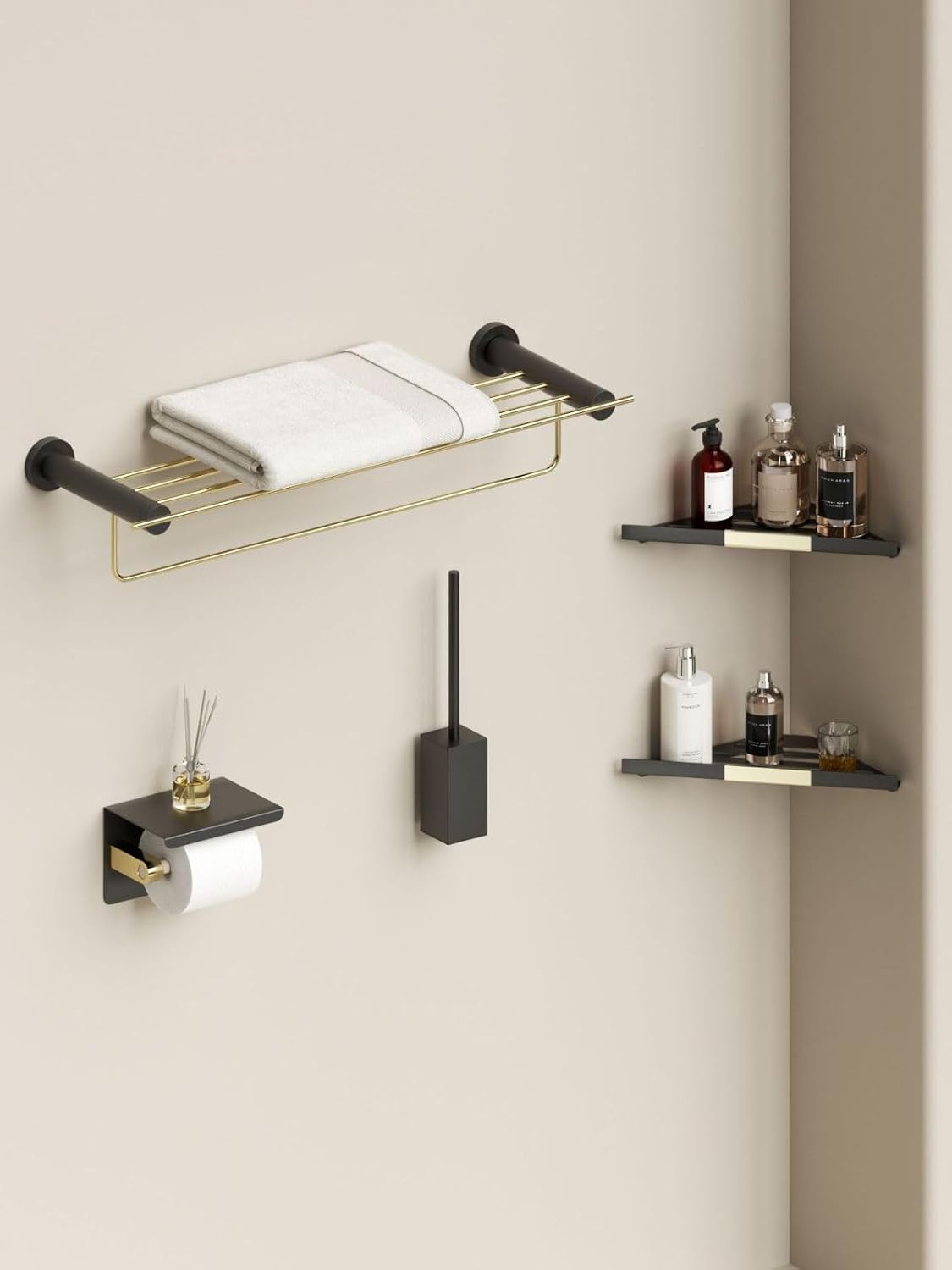Towel Rack, White Gold Towel Rack, Bathroom Shelf, Black Gold 5-Piece Set