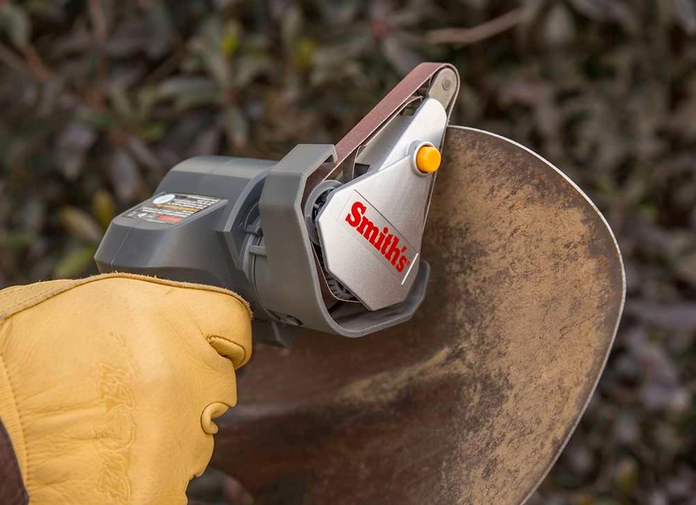 Smith's 50969 Cordless Electric Knife and Tool Sharpener – Yellow – Rechargeable – Portable – Soft Grip Handle – Replaceable Belts – Rotating Head – Canvas Bag Included
