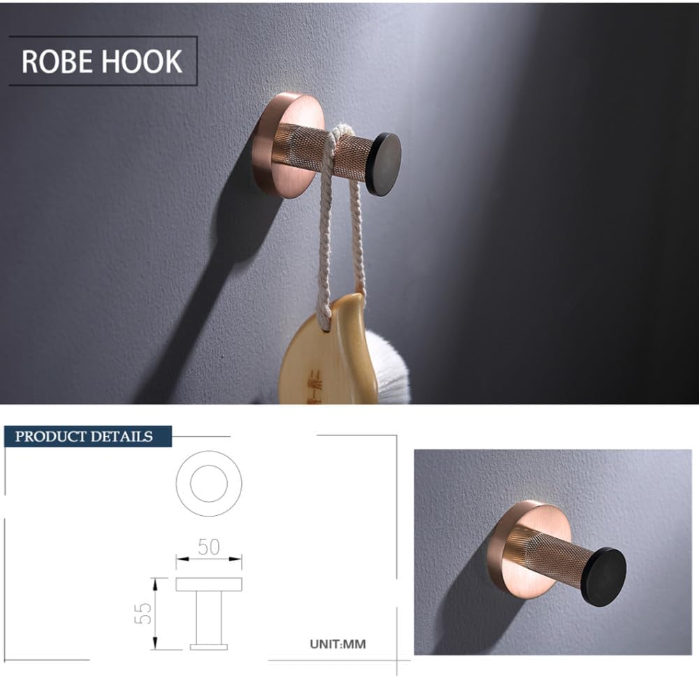 Rose Gold and Black Bathroom Accessories Hardware Towel Bar Rail Rack Toilet Paper Holder Towel Robe Hook Soap Dish Toilet Brush,4 PCS Robe Hook
