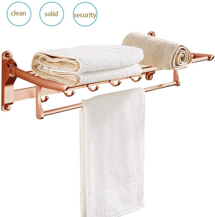 Bathroom Towel Rail Foldable Double Wall-Mounted Towel Holder with Hooks 60cm Aluminum Towel Rack with Multi Towel Bar for Kitchen Bathroom Toilet Hotel Office (Rose Gold)