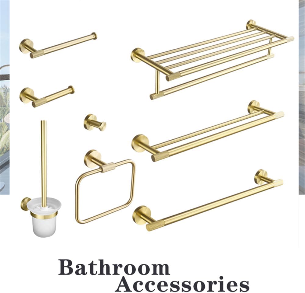 Brushed Gold Brass Bathroom Accessories Set - Hand Towel Bar, Double Towel Rack, Toilet Paper Holder, Robe Hook - Elegant Wall-Mounted Fixtures for Contemporary Home Decor