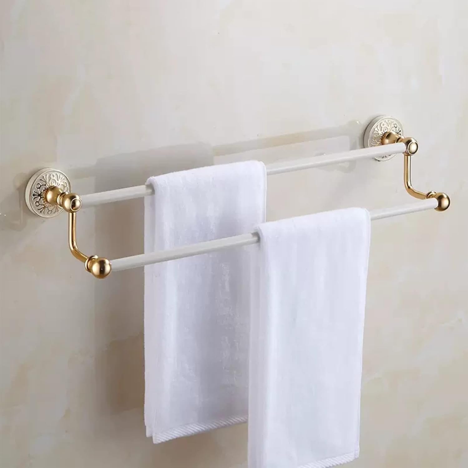 Aluminum Alloy Towel Rack ，Foldable Bathroom Towel Holder ，Towel Rail Bar,All Aluminum Double Towel Hanger Rack,Wall Mounted Towel Holder,Bathroom Accessories,Screws Mounting,Gold and White(100cm)