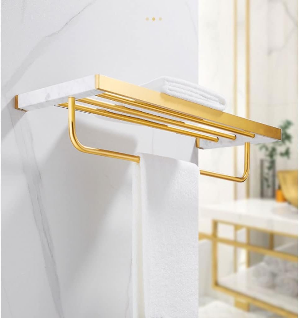 Modern Nordic Style Brass Towel Rack with Light Marble Shelf Wall Mounted Double Towel Bar Holder for Bathroom Gold Finish 60 * 20 * 13Cm