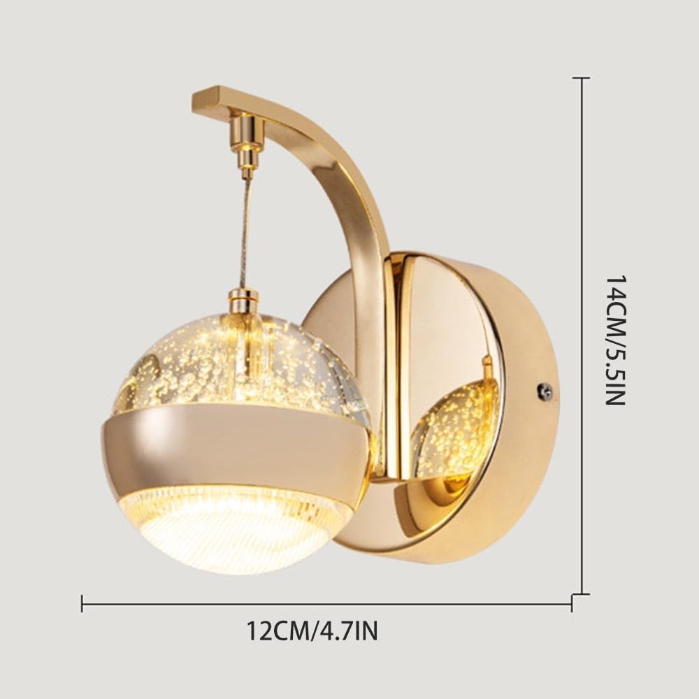 Modern Crystal Wall Sconces, Warm Light Lamp, Gold Metal Spherical Lights Fixtures, Bathroom Vanity Lighting for Bedroom Bedside Hallway Living Room