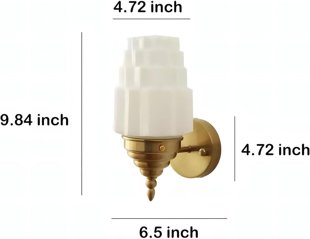 Art Deco Brushed Nickel Wall Sconce White Tiered Fluted Glass Shade 3-Color Adjustable Bulb Included Up and Down Mountable Vanity Light Fixture for Bathroom Bedroom Living Room Hallway Decor(Gold)