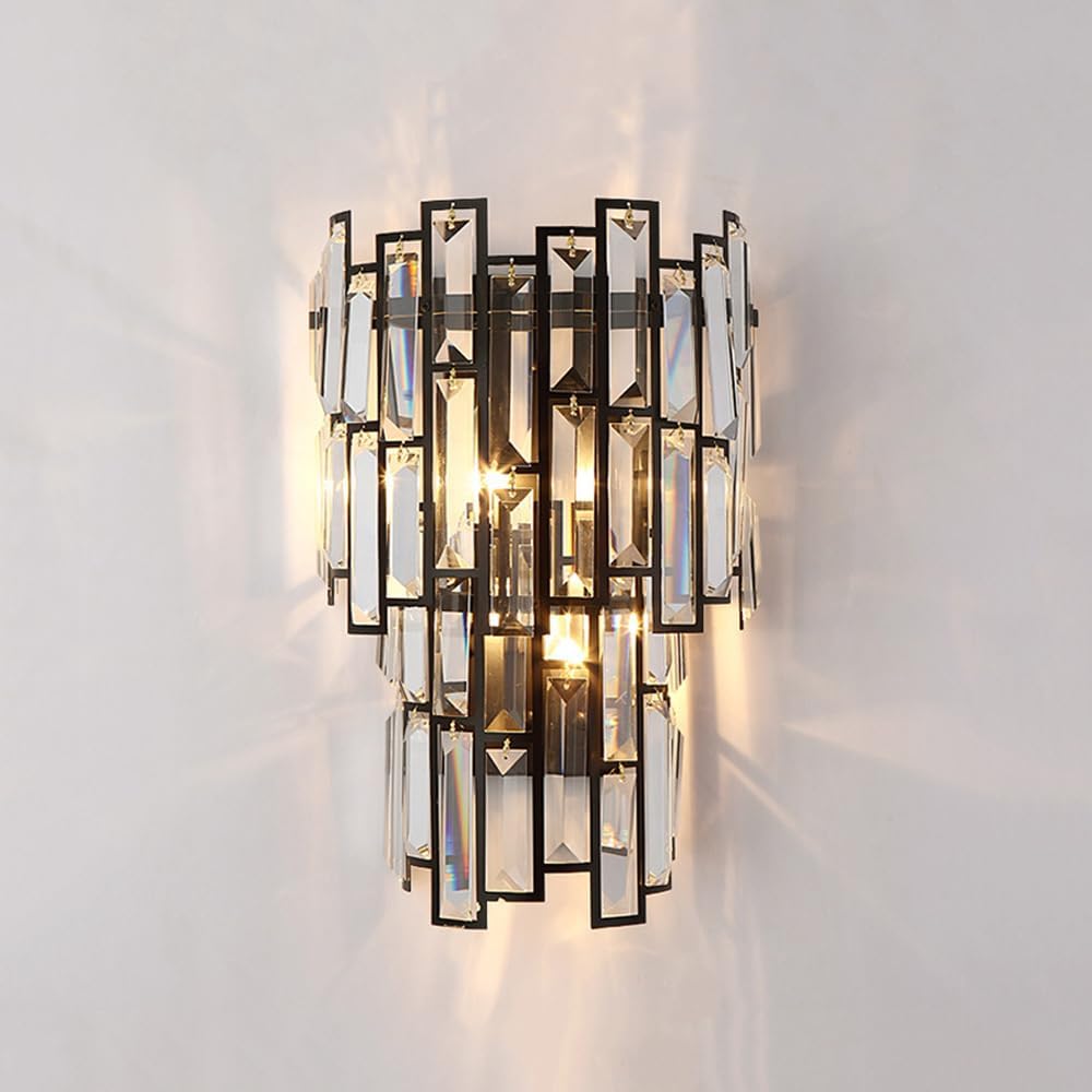 Modern Crystal Wall Lights E14 2-Light Bedroom Wall Lamps Home Living Room Dining Room Wall Sconces Simplicity Hallway Bathroom Decoration Wall Lighting Fixture (Black)