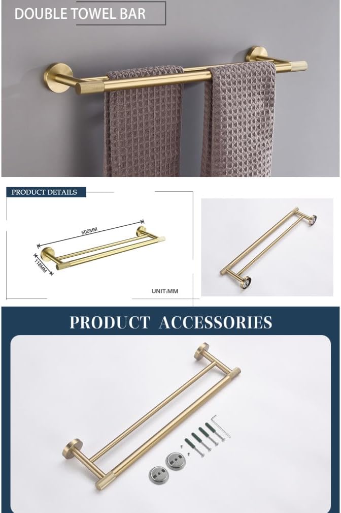 Gold Brushed Bathroom Accessories Hardware Set Towel Bar Rail Paper Holder Robe Hook Soap Dish Towel Hanger Shelf Toilet Brush,Double Towel Bar