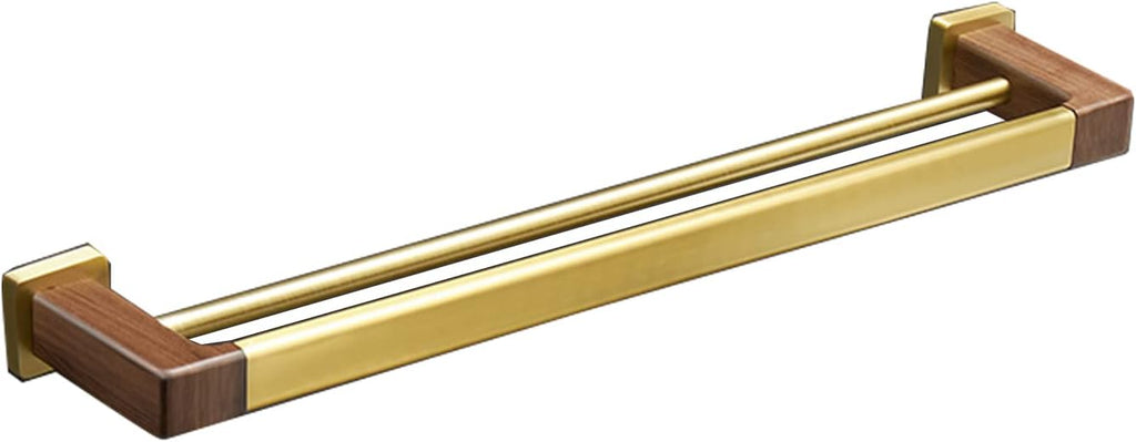 Double Towel Bar Towel Rail Brushed Gold Space Aluminum and Walnut Bathroom Towel Rack Wall Mounted Towel Holder Double Rod Storage Rack for Bathroom, Kitchen, Toilet