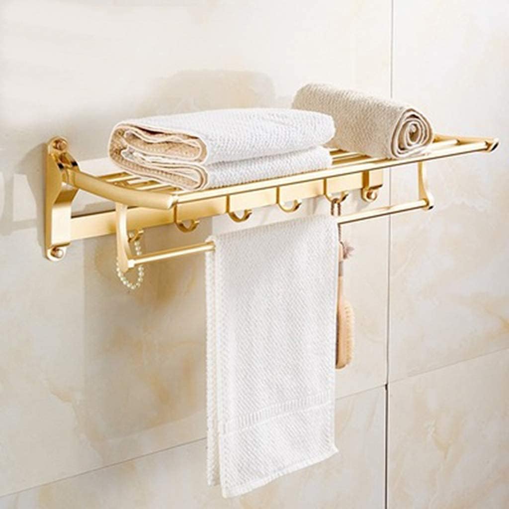 Space Aluminum Towel Rack Towel Rail Folding Wall Hanging Bathroom Kitchen Double Rack with Five Hooks Top of The Line Rack Gold (Size : Brown)