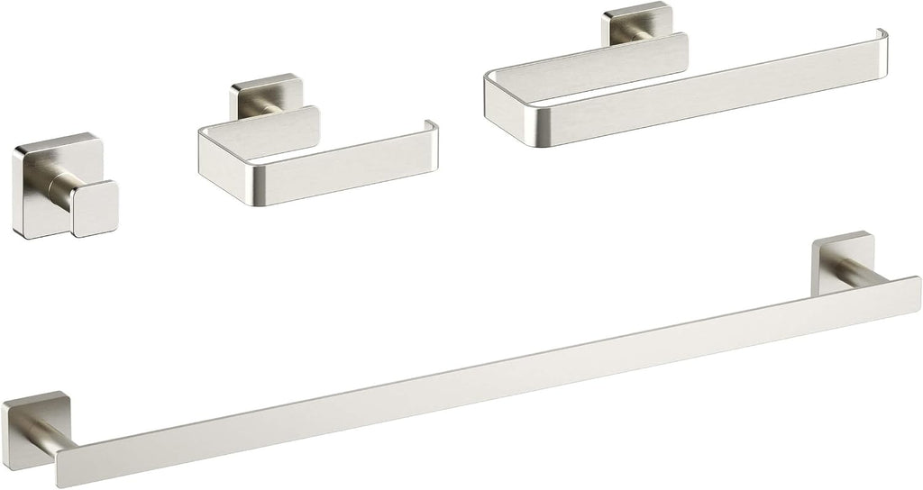KIBI Blaze Bathroom Hardware Set 4 Piece Bathroom Accessories Set | Towel Bar (25'), Towel Holder, Toilet Paper Holders, Robe Hook (Brushed Nickel) (KBA16-4)