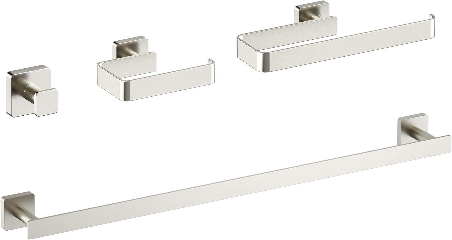KIBI Blaze Bathroom Hardware Set 4 Piece Bathroom Accessories Set | Towel Bar (25'), Towel Holder, Toilet Paper Holders, Robe Hook (Brushed Nickel) (KBA16-4)