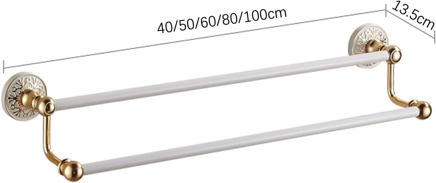 Aluminum Alloy Towel Rack ，Foldable Bathroom Towel Holder ，Towel Rail Bar,All Aluminum Double Towel Hanger Rack,Wall Mounted Towel Holder,Bathroom Accessories,Screws Mounting,Gold and White(100cm)
