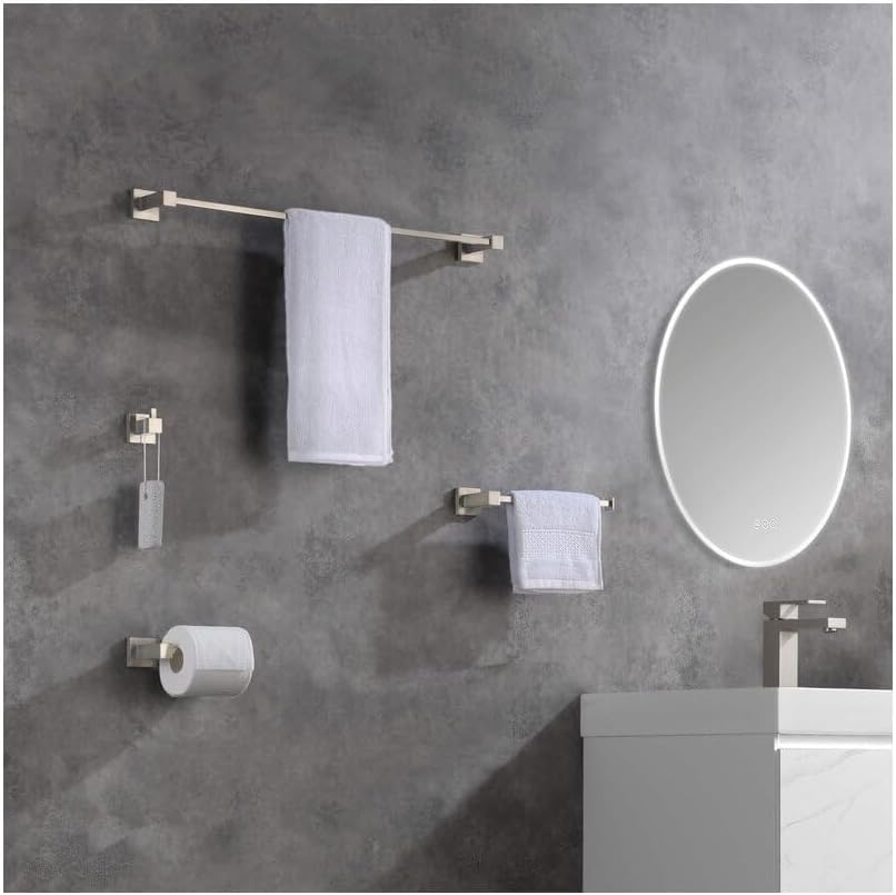 KIBI Cube 5-Piece Bathroom Hardware Set | Includes 24-Inch Towel Bar, Towel Ring, Toilet Paper Holder, and Robe Hooks | Wall-Mounted Solid Brass Accessories | Brushed Nickel, C-KBA15-5