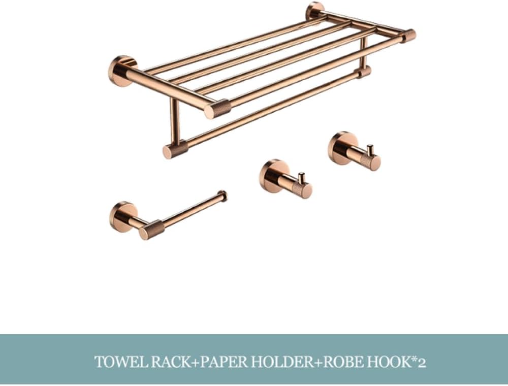 Rose Gold Stainless Steel Wall-Mounted Robe Hooks Toilet Paper Holder Towel Bar Rack Towel Ring Bathroom WC Accessories Sets,4 Pieces Set C