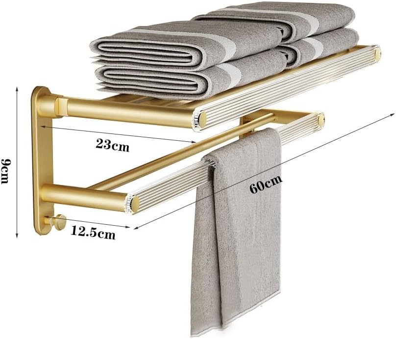 GLigeT Bathroom Shelves Towel Rack for Bathroom, Wall Mounted Foldable Bath Towel Holder with Double Towel Bar, Gold Aluminum Towel Organizer Towel Storage Hanger Shower Caddy
