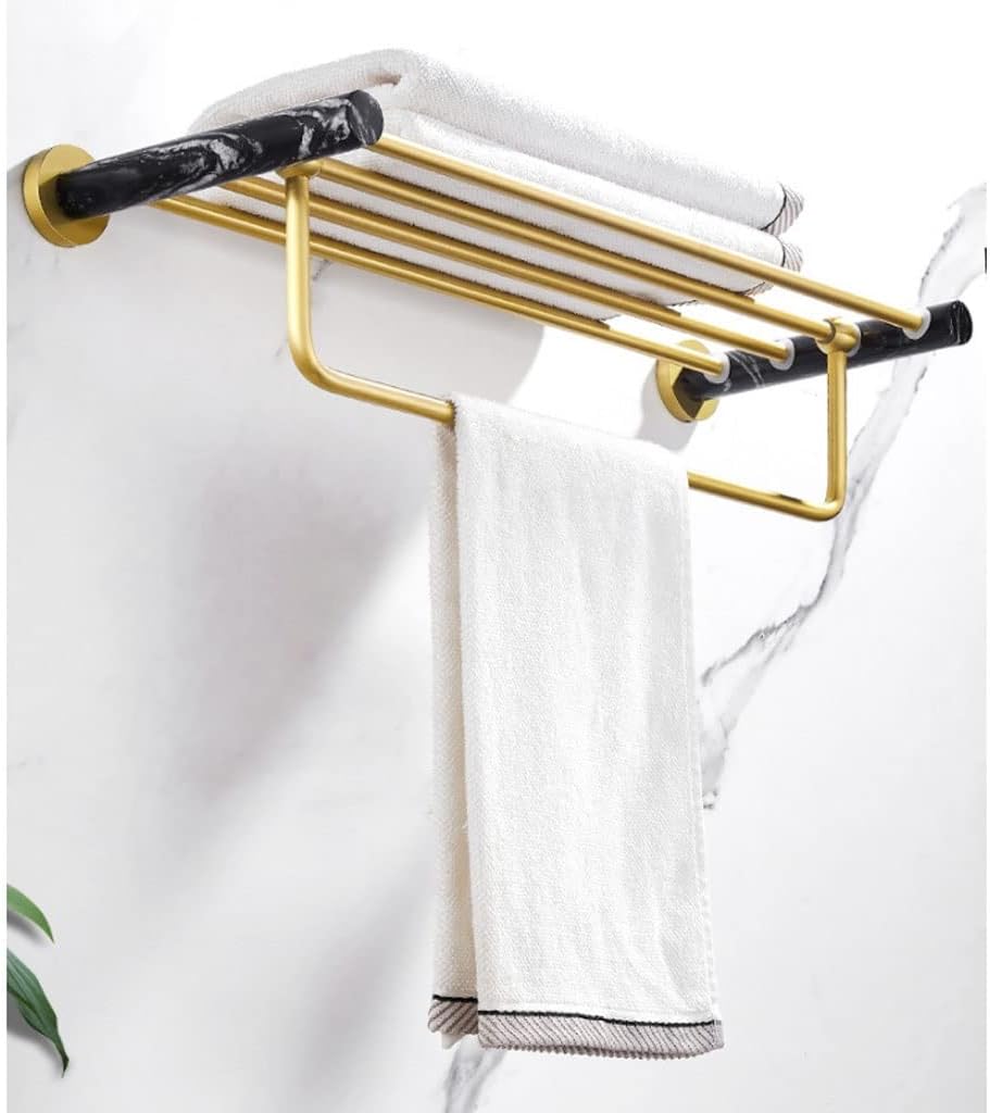 Towel Racks Black Marble Towel Rack Brushed Gold Space Aluminum Towel Holder Bathroom Wall Mounted Double Towel Bar Storage Shelf Organizer
