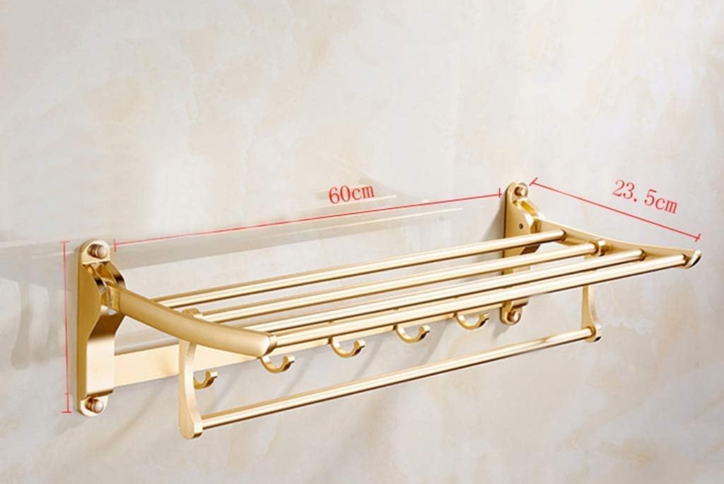 Space Aluminum Towel Rack Towel Rail Folding Wall Hanging Bathroom Kitchen Double Rack with Five Hooks Top of The Line Rack Gold (Size : Gold)