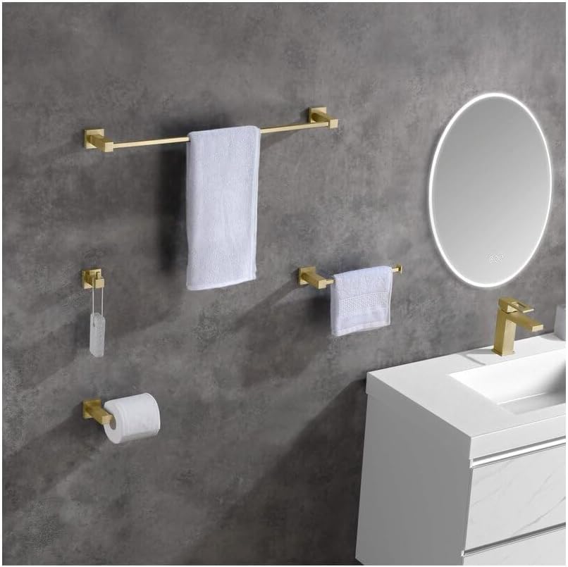 KIBI 5-Piece Cube Bathroom Hardware Set | Includes 24-Inch Towel Bar, Towel Ring, Toilet Paper Holder, and Robe Hooks | Wall-Mounted Solid Brass Accessories | Brushed Gold Finish, C-KBA15-5