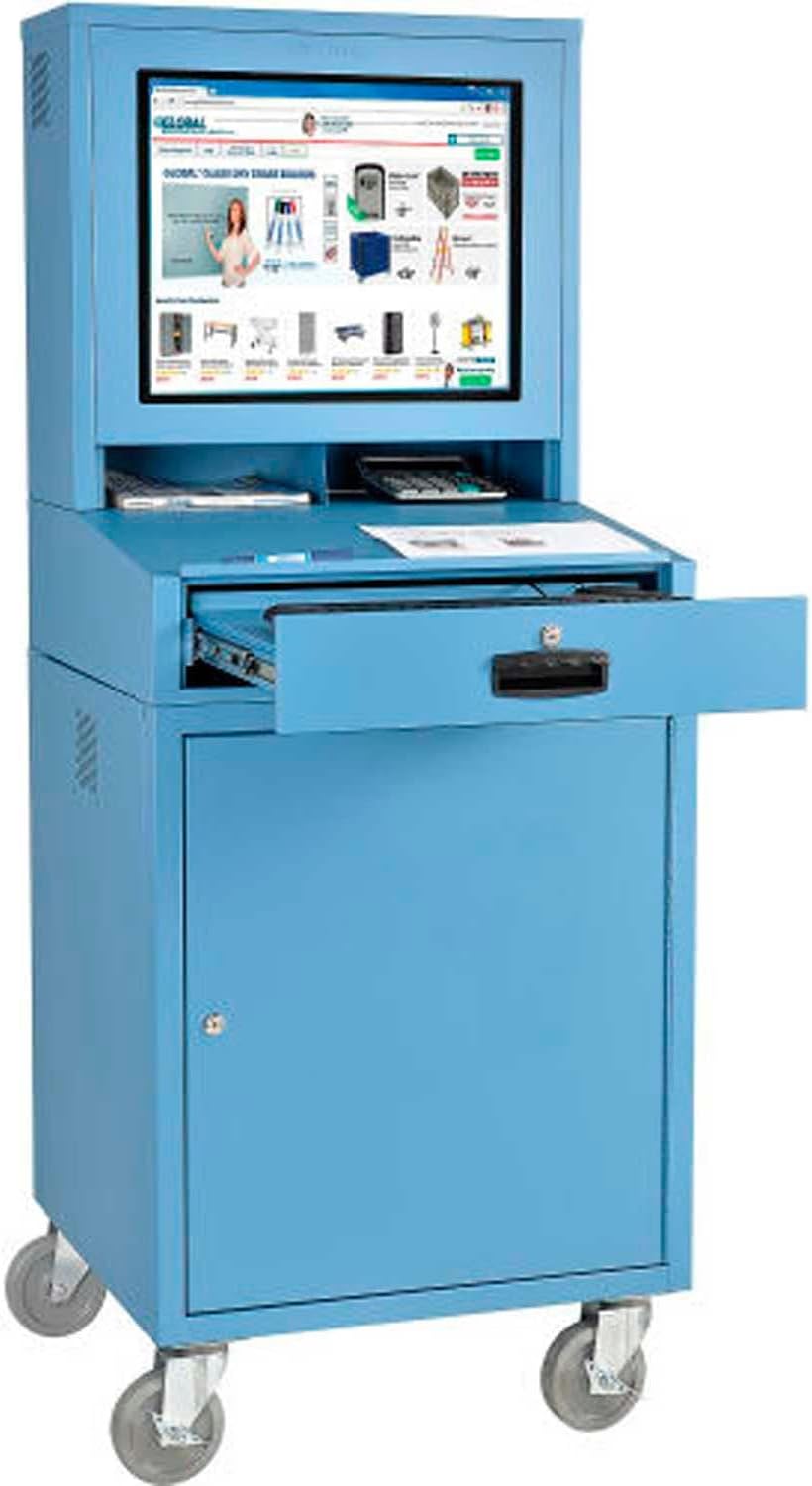 Global Industrial Mobile Security LCD Computer Cabinet Enclosure for 24' Diagonal Monitors, Steel Construction, Blue Powder Coat Finish, 24-1/2'W x 22-1/2'D x 62-3/4'H