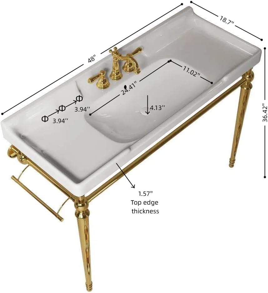 48' Console Bathroom Sink, Freestanding Console Sink With Stainless Brushed Gold Legs, Modern Bathroom Vanity with 3 Tap Holes, White Ceramic Basin