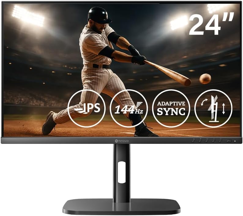 AG Neovo MH2404 24 Inch Height Adjustable 144Hz Full HD Monitor with Ergonomic Stand, Tilt, Swivel, Pivot, HDMI, DisplayPort, Adaptive Sync, Speakers