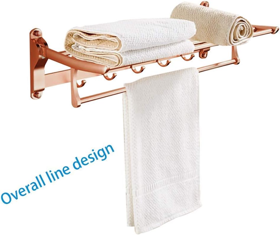 Bathroom Towel Rail Foldable Double Wall-Mounted Towel Holder with Hooks 60cm Aluminum Towel Rack with Multi Towel Bar for Kitchen Bathroom Toilet Hotel Office (Rose Gold)