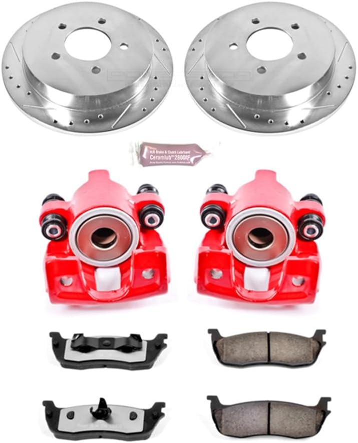 PowerStop Rear Brake & Caliper Kit for Ford Expedition 2000-02 |F-150 1999-03 |F-150 Heritage 2004 - Drilled & Slotted Disc Rotors + Z36 Brake Pads + Red-Powder Coated Calipers, KC1913-36