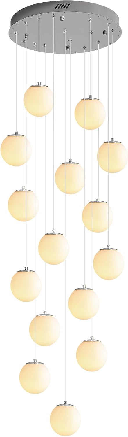 ykolupty H 138' Large Chandelier with White Globe Glass Dimmable Ceiling Light Glass Pendant Light for Kitchen Island, Dining Room, Living Room, Entry Hallway, LED Bulbs Included