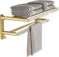 YANYO Bathroom Shower Organizer Towel Rack for Bathroom, Wall Mounted Foldable Bath Towel Holder with Double Towel Bar, Gold Aluminum Towel Organizer Towel Storage Hanger Bathroom Shelves