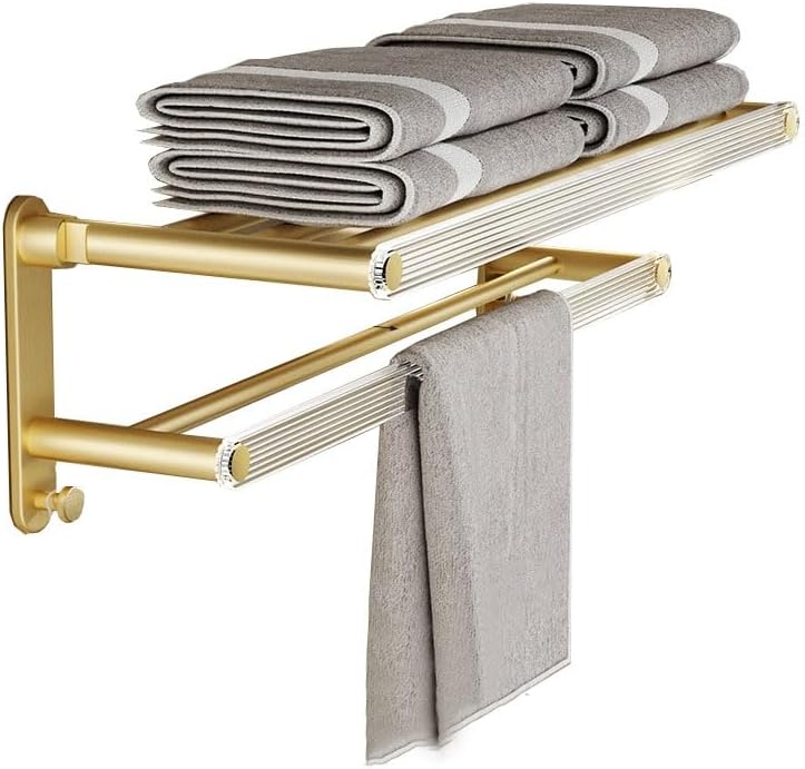Bathroom Shelves Towel Rack for Bathroom, Wall Mounted Foldable Bath Towel Holder with Double Towel Bar, Gold Aluminum Towel Organizer Towel Storage Hanger Shower Caddy