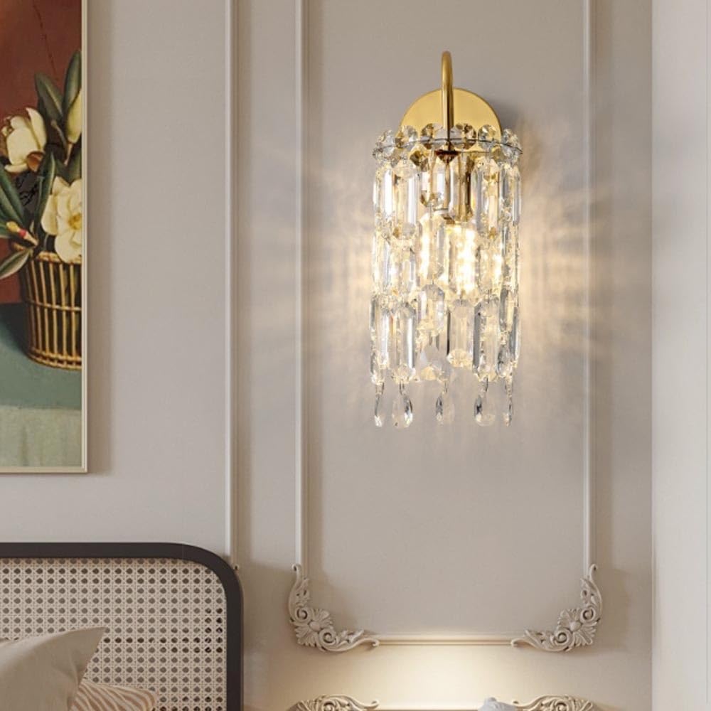 Hardwired Gold Wall Sconce Lighting Vintage Crystal Wall Light Fixture Bathroom Vanity Lights Indoor E14 Base Wall Mounted Lamp for Bedroom Living Room Bedside Restaurant